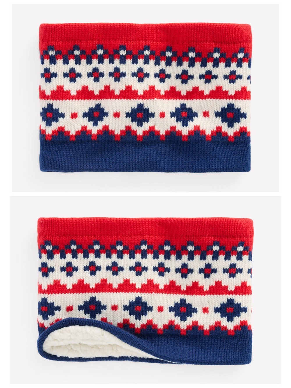 Mini Boden College Navy Fair Isle Snood Wool Winter Headband Red White Blue NEW